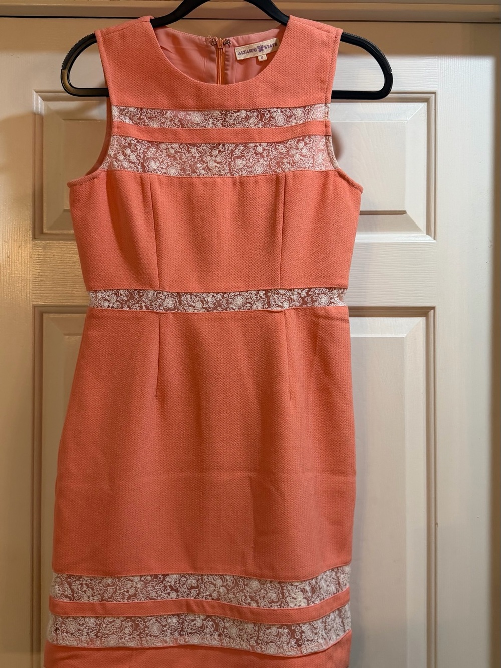 Altar’D State Coral Textured Sleeveless Dress with Lace Insets